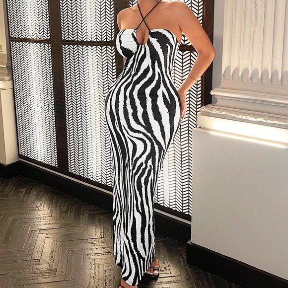 Black & White Preppy Womens Zebra Striped Tie Backless Halter Bodycon Dress - Picture 3 of 5